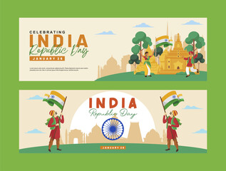 Fototapeta premium Happy Republic Day of India 2025 Banner Set with Indian Culture, Landmarks and Waving Flag. India Republic Day Vector Illustration. India Culture Background. 