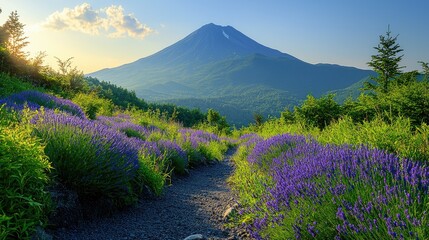 A scenic view of lavender fields leading to a majestic mountain under a clear sky.