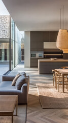 Modern kitchen and living area with large windows and natural light in a minimalist design