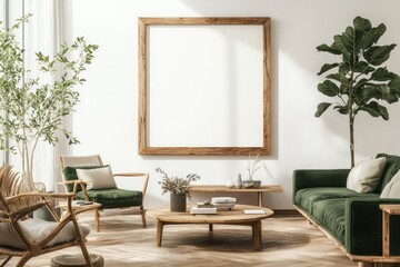 Minimalist lounge with a green sofa, wooden frame mockup, and minimalist coffee table.