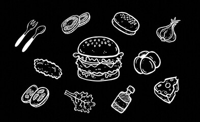 Burger ingredients. Hand drawn vector with burger, sesame bun, cheese, tomato, sauce, meat, lettuce, onion, spoon, fork. Black background illustration. 