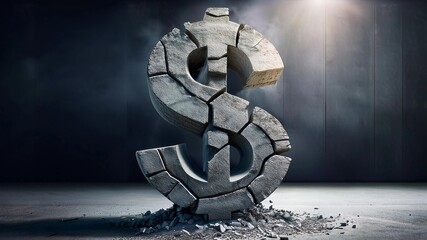 broken dollar sign made with concrete on dark background. Fallen of dollars concept. Economist forecast for the United States. dollar bill. Effect of recession on US economy. American recession concep