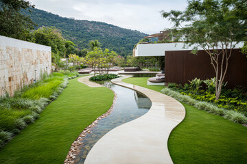Fototapeta premium Serene garden pathway winding through lush greenery and water features in peaceful landscape setting