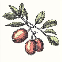 Hand-Drawn Illustration of Ripe Red Jujube with Branch and Leaves on a white background.