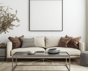 Simple Scandinavian living room featuring a blank framed poster above a beige sofa and table.