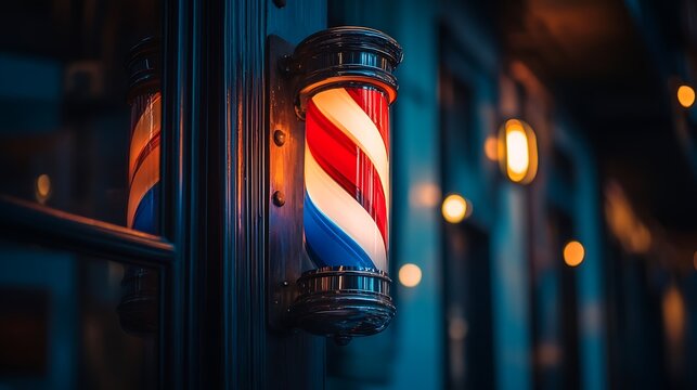 A vintage barber pole illuminated at night outside a barbershop.
