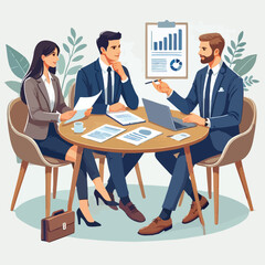 partners meeting for business discussion with documents and laptop on desk.couple at round table ,speaking ,discussing work,partnership.flat vector illustration isolated on a white background