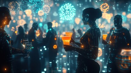 Futuristic party scene with glowing people holding drinks amidst fireworks.