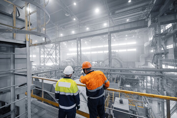 Professional team engineers workers working industrial ball mill grinds ore at mining. Workplace...