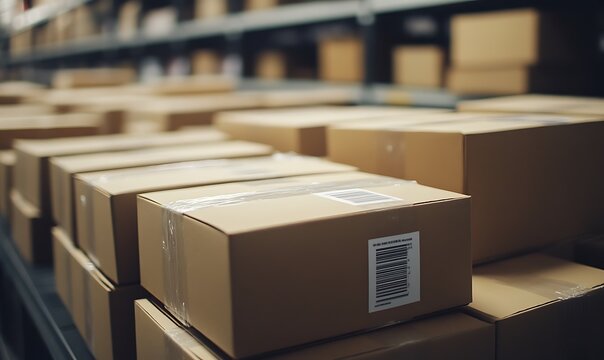 A warehouse filled with stacked cardboard boxes ready for shipping and storage.