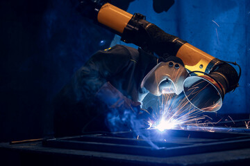 Banner industrial welding, Factory weld worker in workplace, dark light