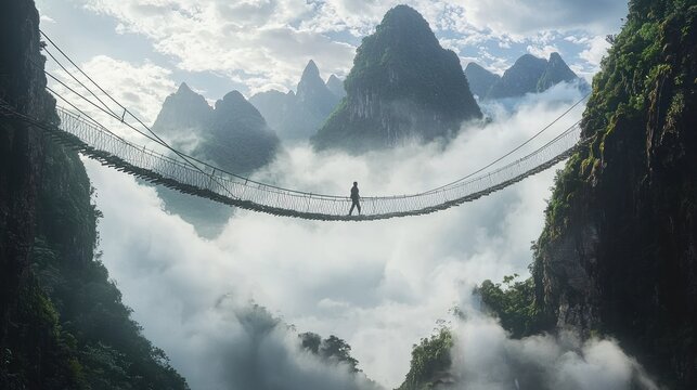 Fototapeta Person walking on a rope bridge above clouds and mountains.