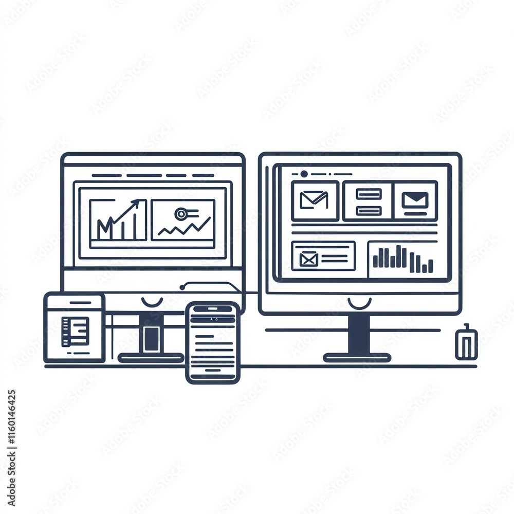 Poster two computers displaying data analytics and email marketing.