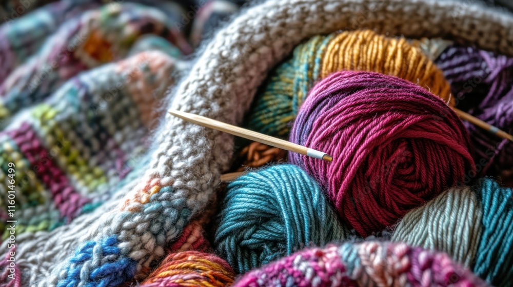 Poster a cozy knitting workshop with yarn and needles, knitting patterns displayed neatly, handcrafted styl
