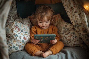 A young child is sitting on a bed with a tablet in front of them Generative Ai.