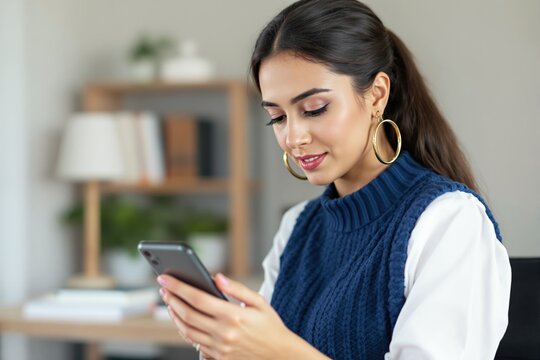 Woman holding a smartphone, smiling softly, wearing a blue sweater and gold hoop earrings, in a cozy room with shelves and a lamp in the background. Ai generative - Powered by Adobe
