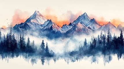 Watercolor painting: misty mountains, forest, sunset.