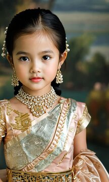 pretty Asian girl wearing ornate vintage dress with neckless and earing 