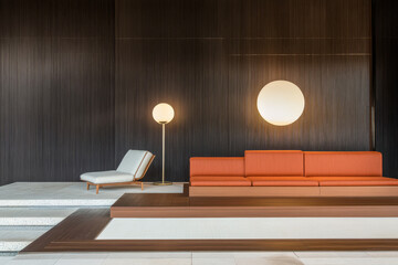 Modern living room design featuring sleek furniture and ambient lighting in a contemporary setting