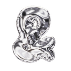 Ampersand sign. 3D shiny chrome Y2K futuristic shape, symbol, abstract elements with glossy silver metallic and reflective glass aesthetic design.