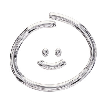 Smile face sign. 3D shiny chrome Y2K futuristic shape, symbol, abstract elements with glossy silver metallic and reflective glass aesthetic design.