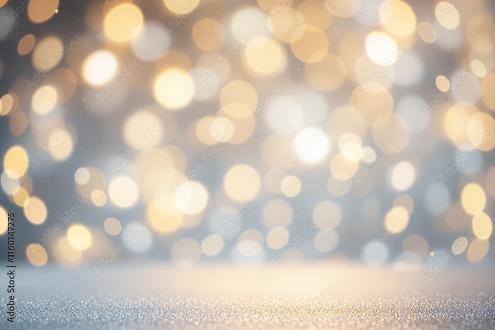 Poster blurred golden and white bokeh lights with a sparkling foreground, soft focus. light and festive on 