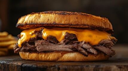 Delicious grilled beef sandwich with melted cheddar cheese on toasted bread