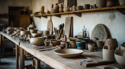 A cozy pottery workshop with pottery tools and artisanal ceramics, Pottery tools arranged on wooden workbenches, Artisanal pottery style