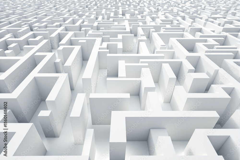 Poster complex white maze shown in an abstract style, with clean walls on a white background. represents ch