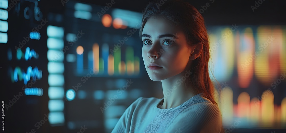 Poster a young woman in front of digital screens displaying data and analytics.