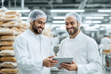 Two bakers in white uniforms and hairnets smiling while using a tablet, standing in a bakery with bread in the background. Concept of teamwork. Ai generative