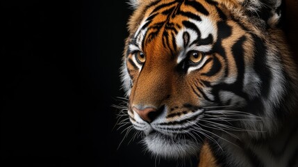 Naklejka premium Close-up of a tiger's face showcasing its striking features and intense gaze.