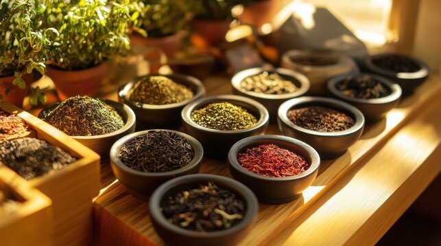 A cozy tea blending studio with tea-making tools and aromatic herbs, Tea blending tools arranged in a sunlit studio, Artisanal studio style