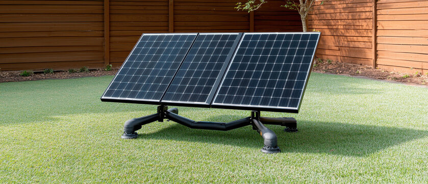 A solar panel setup in a green yard, showcasing sustainable energy solutions in a home environment.