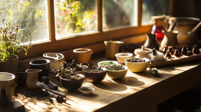 A cozy tea blending studio with tea-making tools and aromatic herbs, Tea blending tools arranged in a sunlit studio, Artisanal studio style