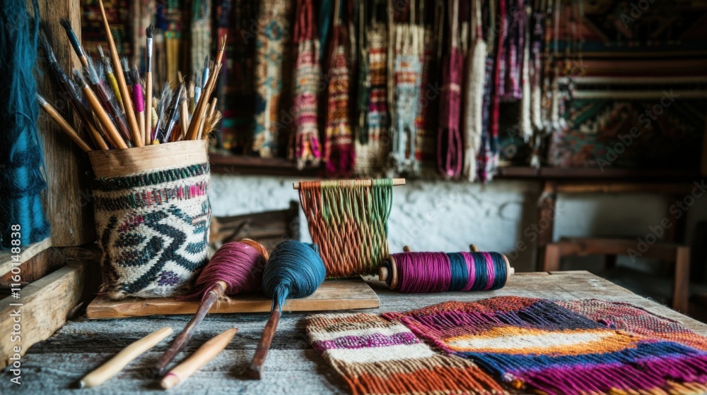 Poster a cozy textile art studio with weaving tools and colorful yarns, textile tools arranged in a weaving