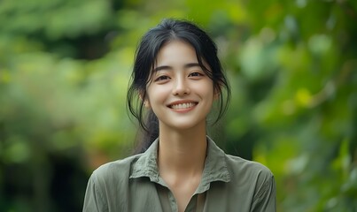 A young woman smiles warmly in a lush, green outdoor setting.