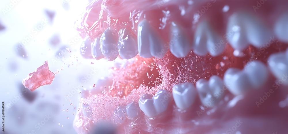 Poster abstract depiction of teeth and gums with dynamic textures and colors.