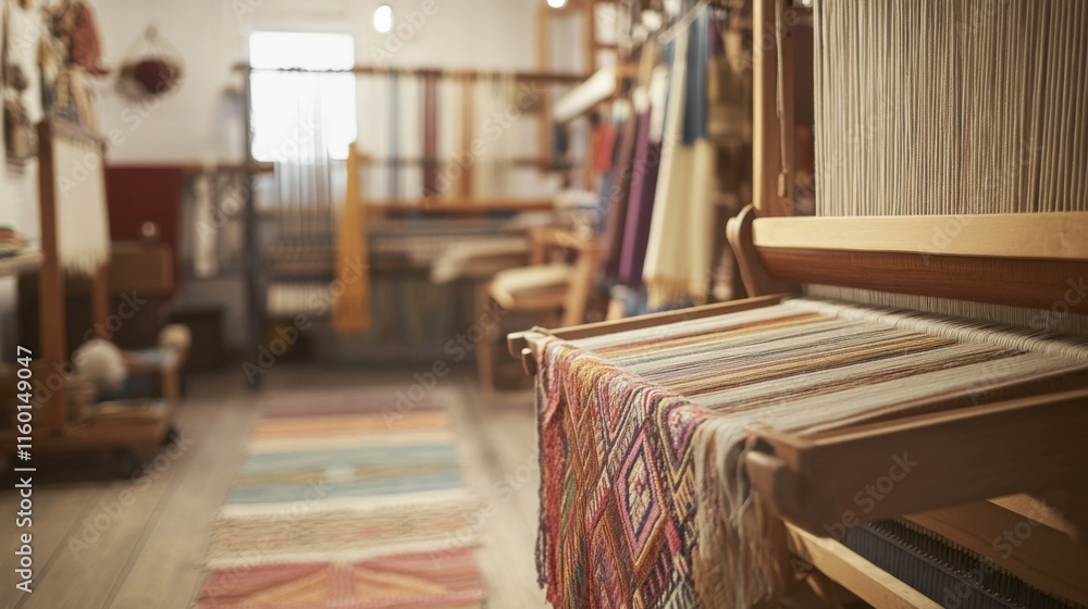 Poster a cozy textile weaving studio with looms and colorful yarns, weaving tools arranged in a textile stu