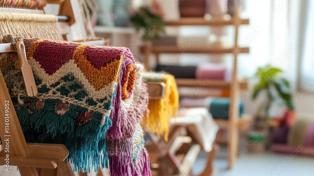 Poster a cozy textile weaving studio with looms and colorful yarns, weaving tools arranged in a textile stu
