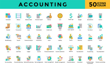 Accounting icon set with calculator, abacus, balance sheet, financial report, money, coin, dollar sign, budget, spreadsheet, invoice icon. Simple flat color vector 
