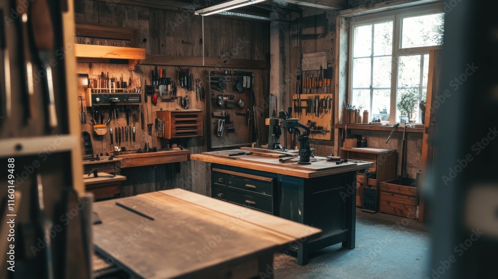 Poster a cozy woodworking workshop with tools and timber, workshop tools arranged neatly on workbenches, ru