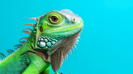 Fototapeta premium A close-up of a vibrant green iguana against a blue background.