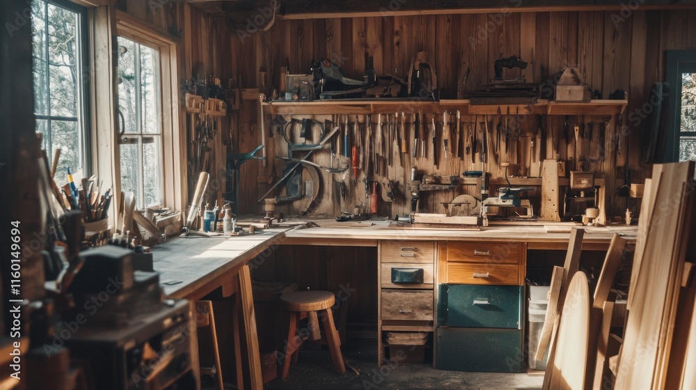 Poster a cozy woodworking workshop with woodworking tools and reclaimed wood, woodworking tools arranged in