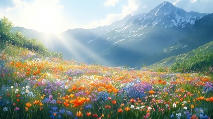 Fototapeta premium Vibrant wildflowers bloom beneath sunlit mountains.
