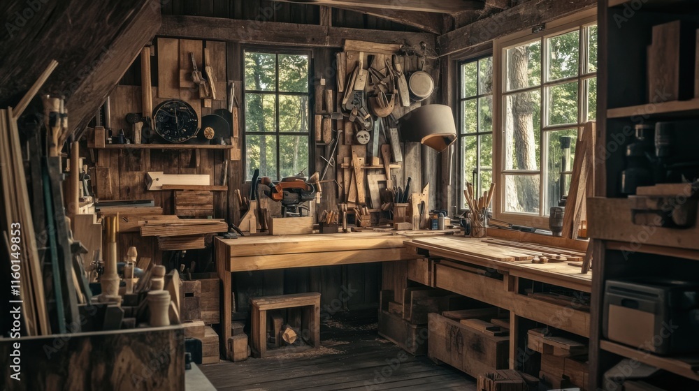 Aufkleber a cozy woodworking workshop with woodworking tools and timber, woodworking tools arranged in a rusti