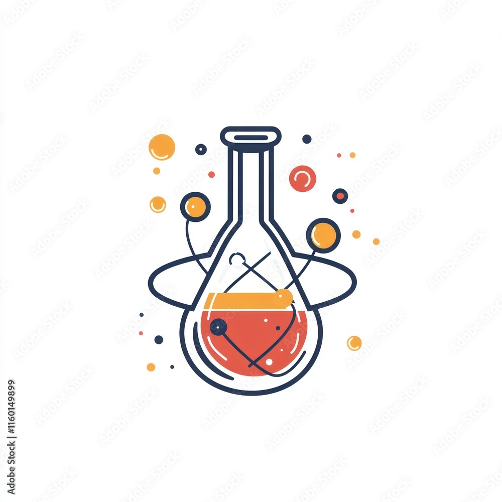 Poster erlenmeyer flask with orbiting atoms, simple line art illustration.