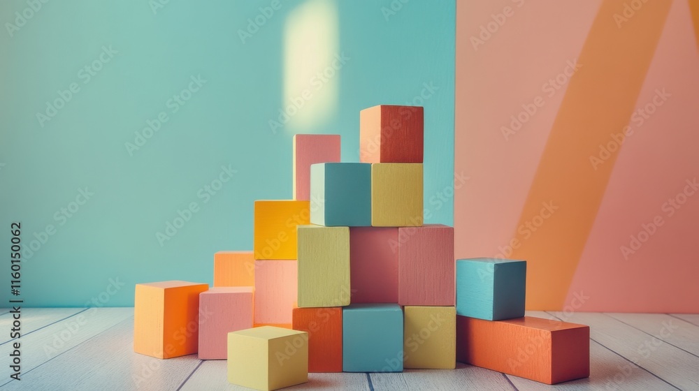 Poster A creative building blocks arrangement in a minimalist studio, Blocks arranged in abstract patterns, Contemporary artistic style