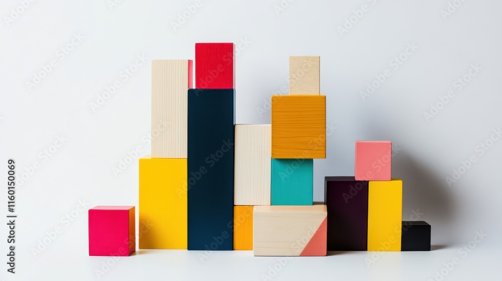 Poster A creative building blocks arrangement in a minimalist studio, Blocks arranged in abstract patterns, Contemporary artistic style