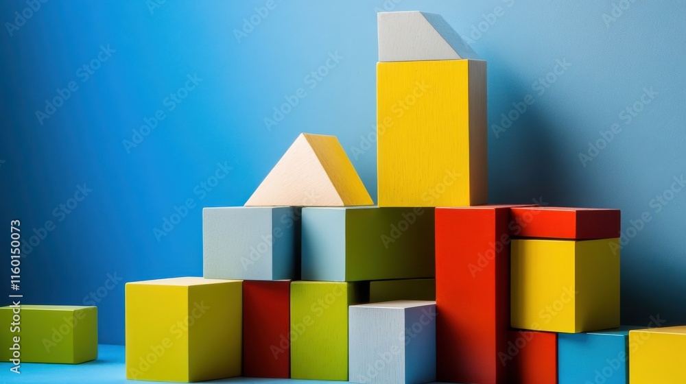 Poster A creative building blocks arrangement in a minimalist studio, Blocks arranged in abstract patterns, Contemporary artistic style